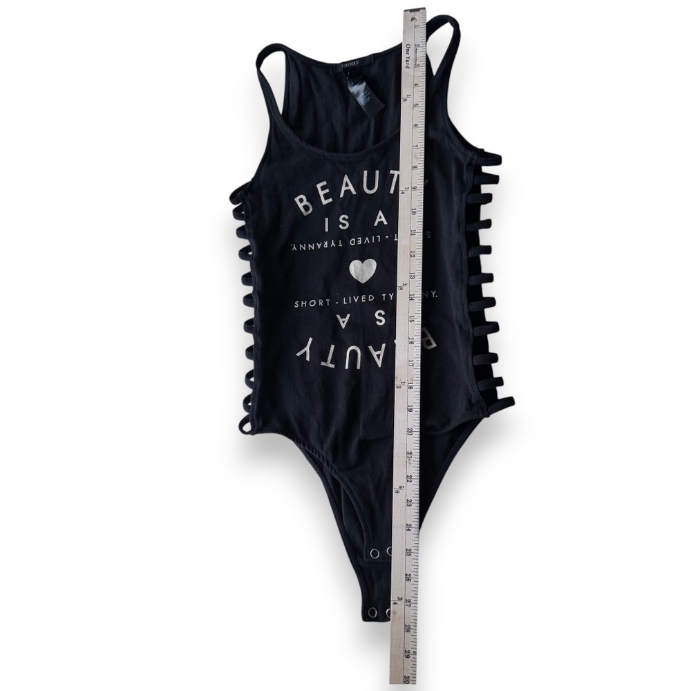 FOREVER 21 Black “Beauty Is A Short-Lived Tyranny” Strappy Side Bodysuit Size S - Picture 9 of 9